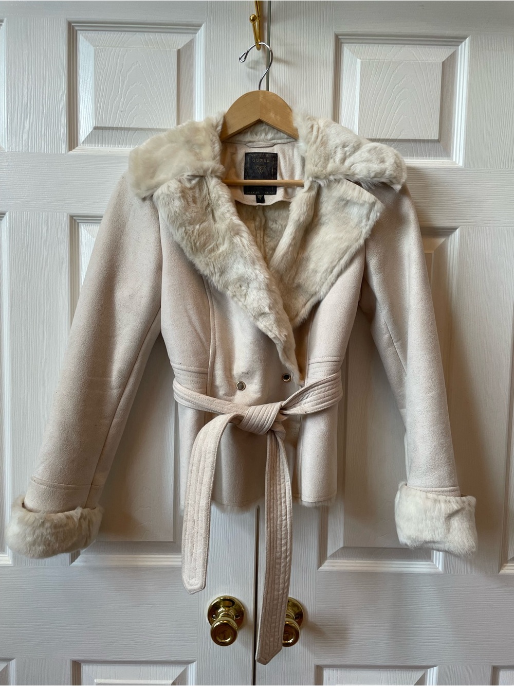 GUESS Cream Faux-Fur Collar Belted Teddy Jacket - Picture 4 of 9